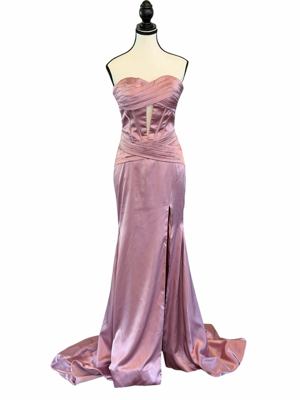 NWT Rose Pink Satin Strapless Corset Formal Gown Slit Train Dress Size 4